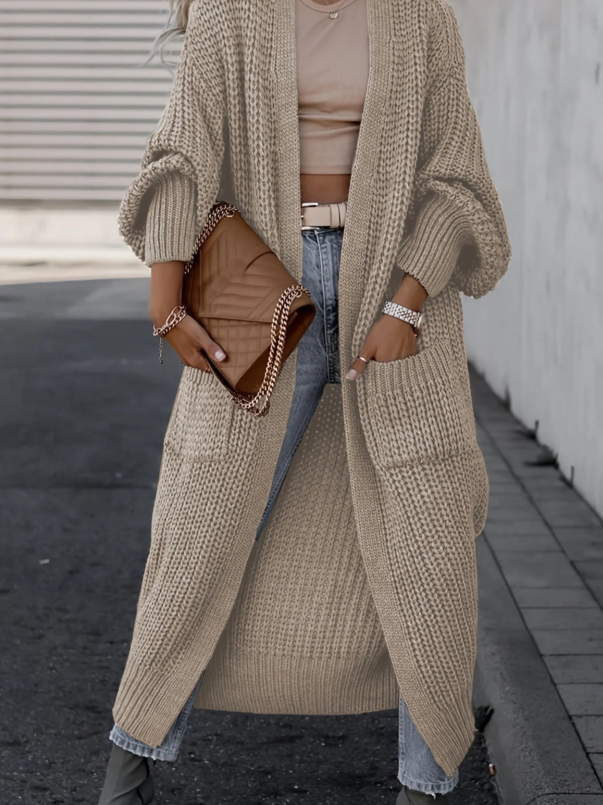 Cardigan maxi de punto fino para mujer con bolsillos laterales