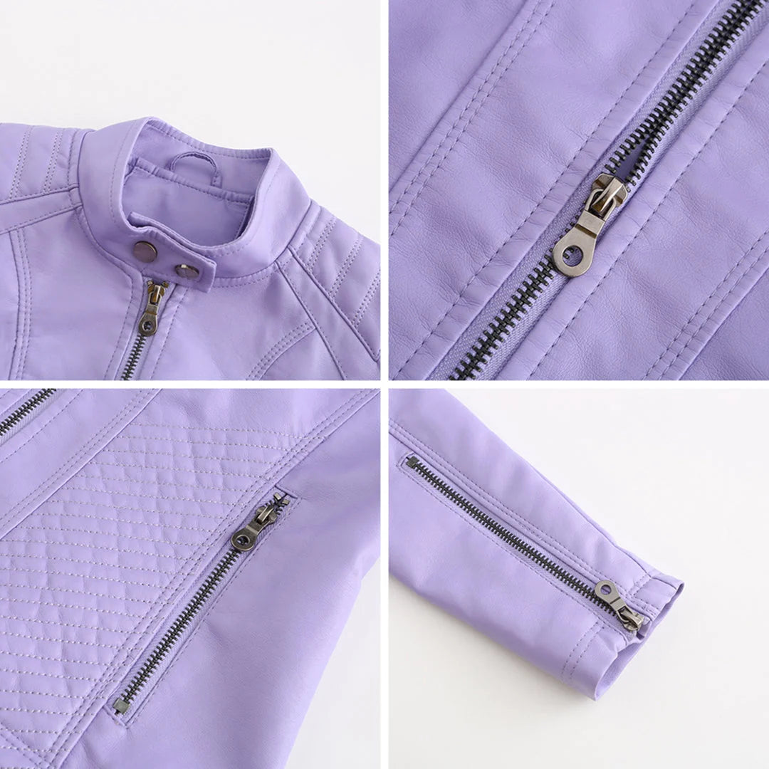 Chaqueta de cuero para mujer con cremallera asimétrica