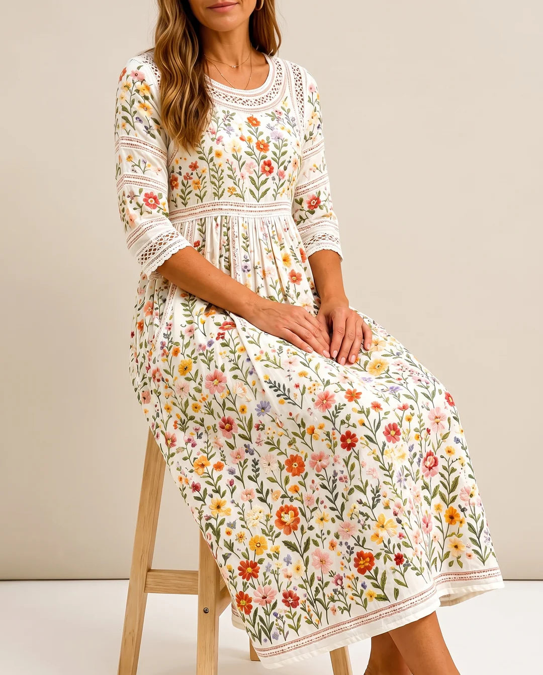 Vestido midi de mujer con encaje y bolsillos laterales