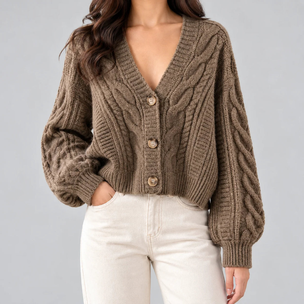 Chaqueta de punto trenzado para mujer con mangas abullonadas