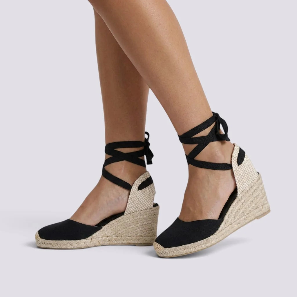 Sandalias de cuña para mujer de esparto con correas cruzadas