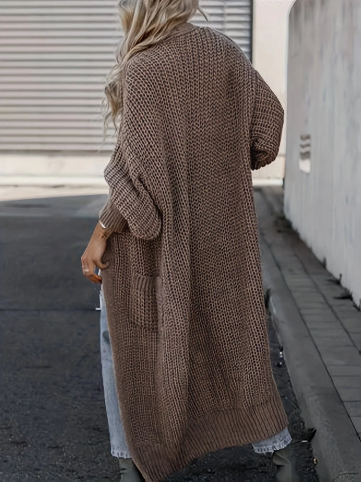 Cardigan maxi de punto fino para mujer con bolsillos laterales