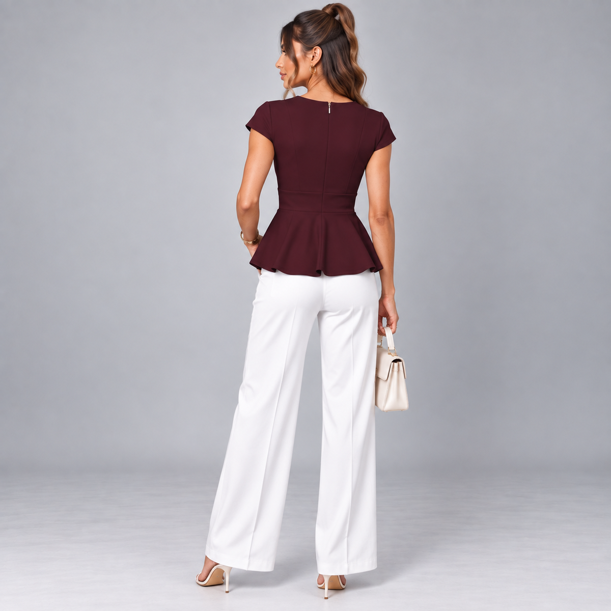 Blusa de Mujer con Cuello en V, Costuras Princesa Contorneadas | Corte Entallado | Mangas Capa, Dobladillo con Volantes, Elasticidad | De Oficina a Noche