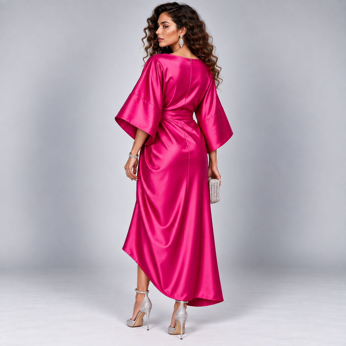 Vestido Midi Cruzado y Acampanado con Mangas Amplias | Corte Fluido y Femenino | Estilo para Bodas y Eventos Especiales
