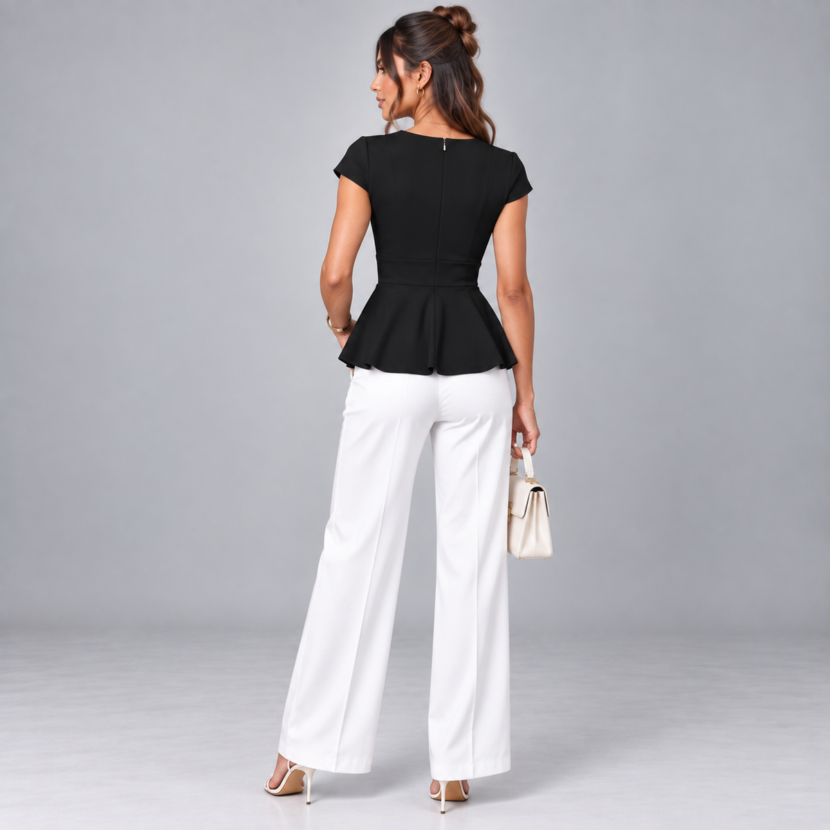 Blusa de Mujer con Cuello en V, Costuras Princesa Contorneadas | Corte Entallado | Mangas Capa, Dobladillo con Volantes, Elasticidad | De Oficina a Noche