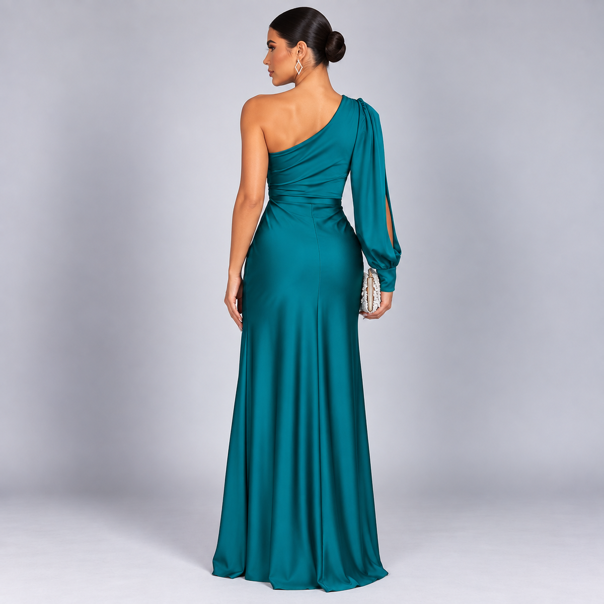 Vestido de Invitada de Boda de Un Solo Hombro | Drapeado y Abertura Frontal | Superficie Sedosa para Eventos Especiales