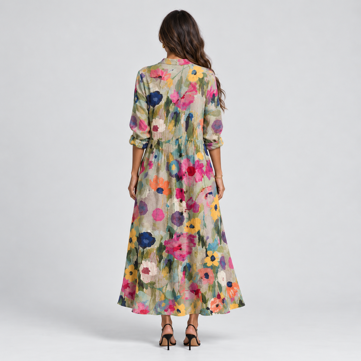 Vestido largo para mujer con escote en V y estampado de flores