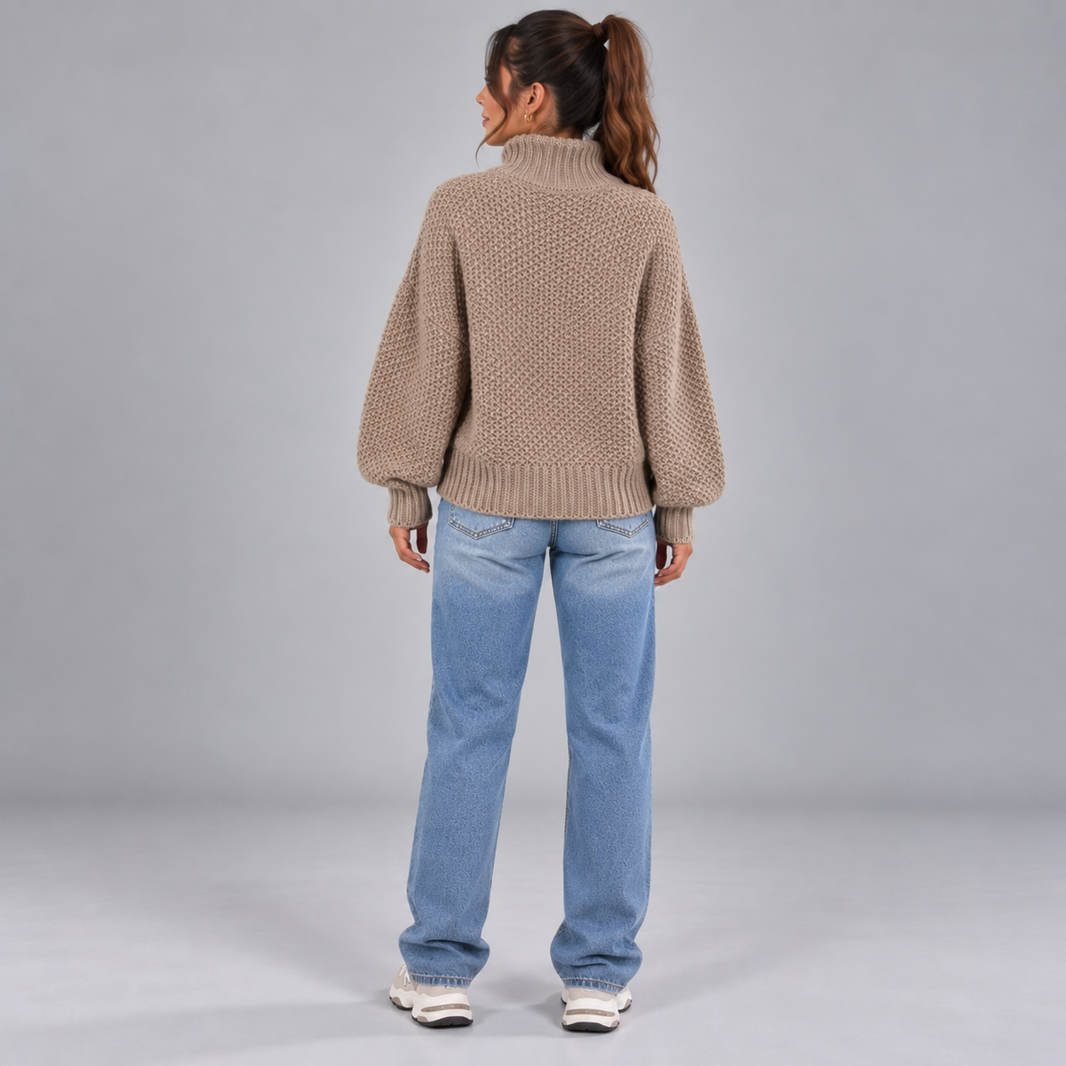Suéter de punto de felpa para mujer con cuello alto y corte amplio
