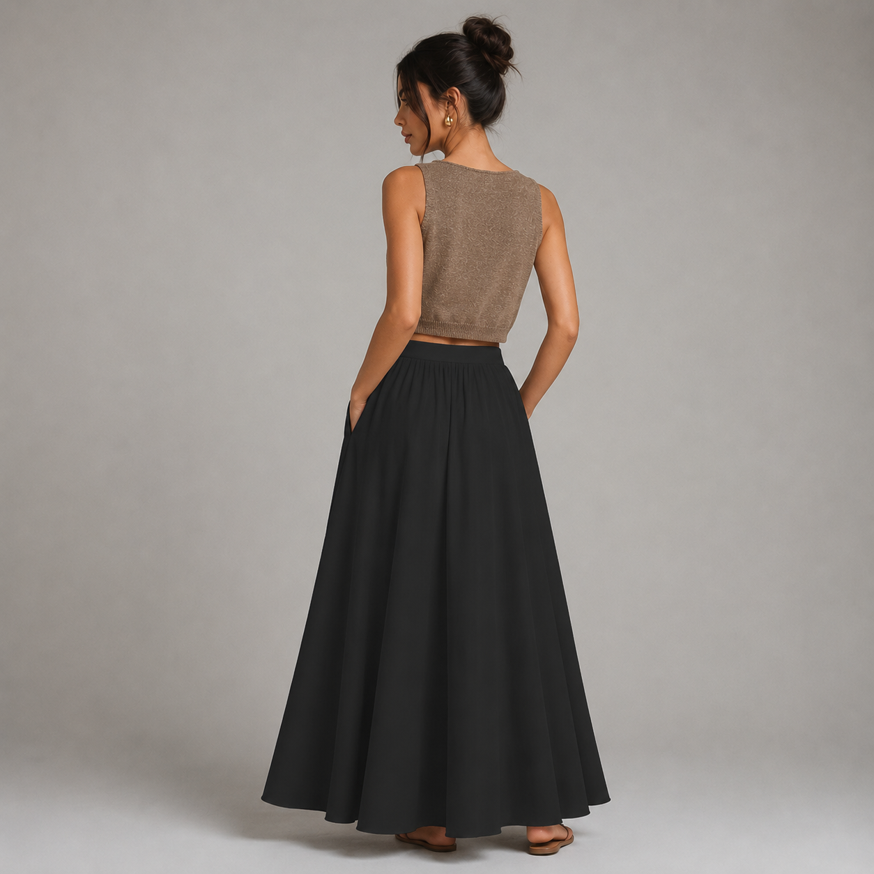 Anouk - Elegante falda larga de lino para mujer con cintura elástica y bolsillos laterales