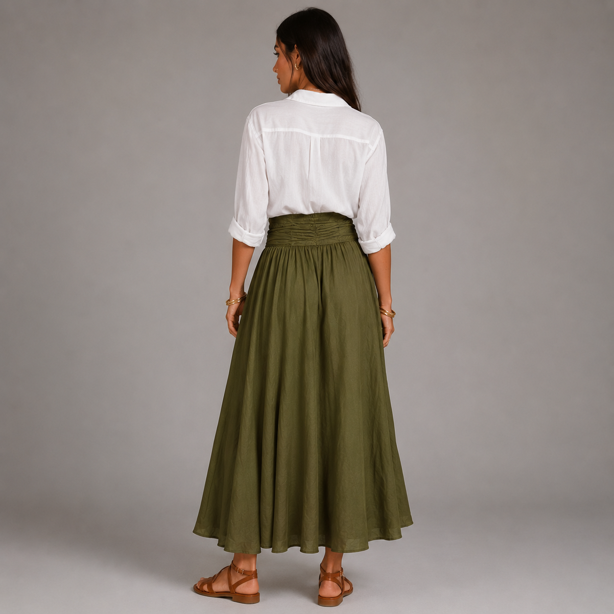 Noor - Elegante conjunto de lino para mujer con cinturón de lazo y falda amplia