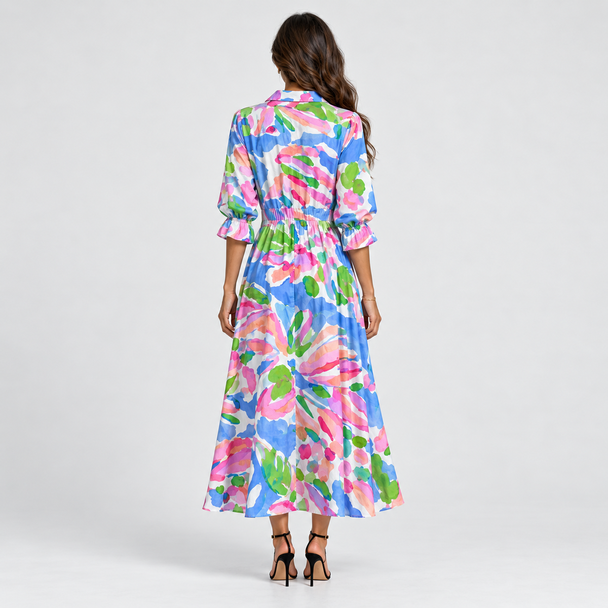 Vestido largo para mujer con escote en V y estampado de flores