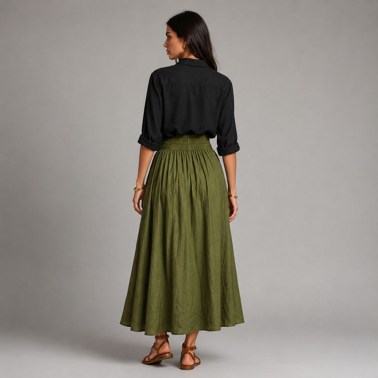Noor - Elegante conjunto de lino para mujer con cinturón de lazo y falda amplia