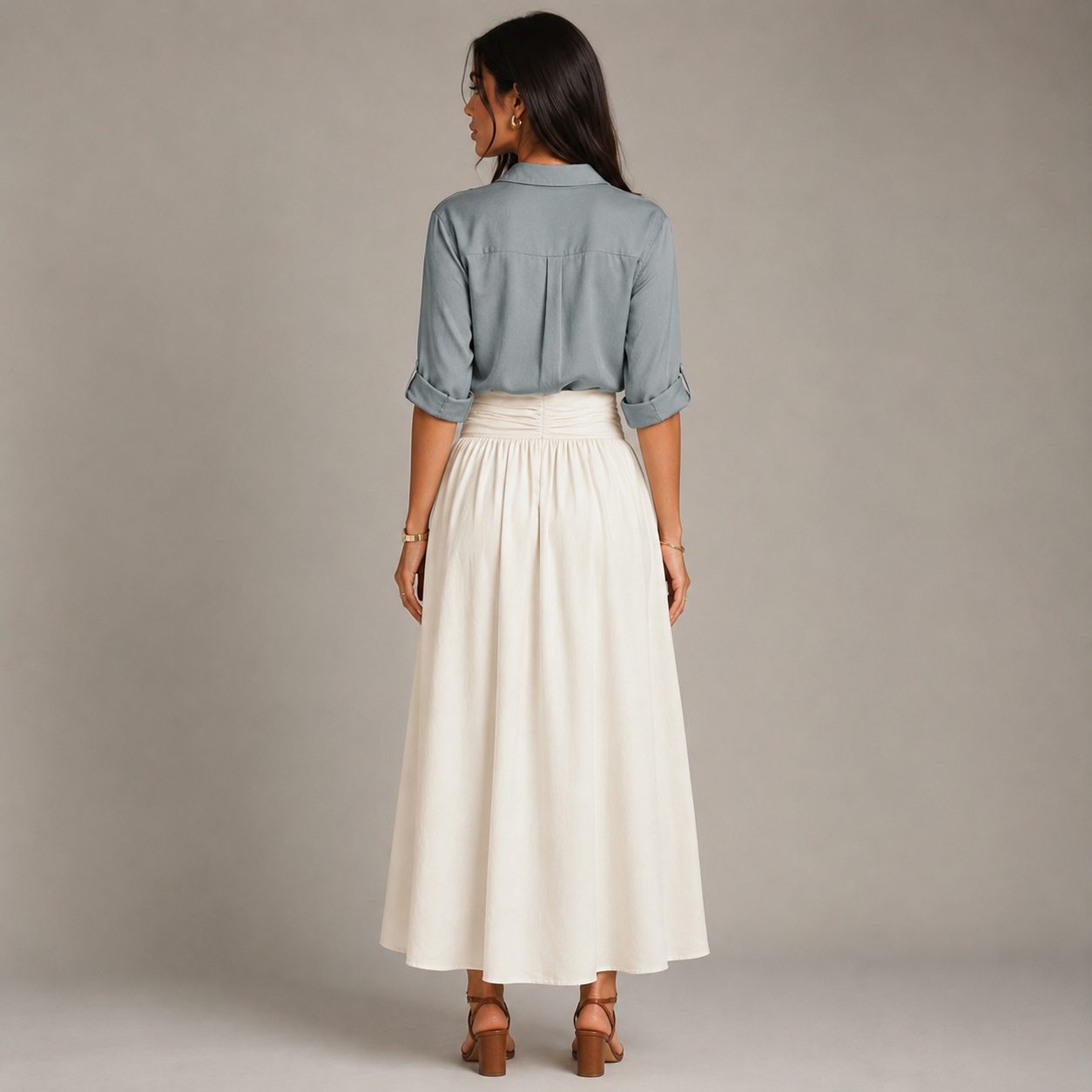 Noor - Elegante conjunto de lino para mujer con cinturón de lazo y falda amplia