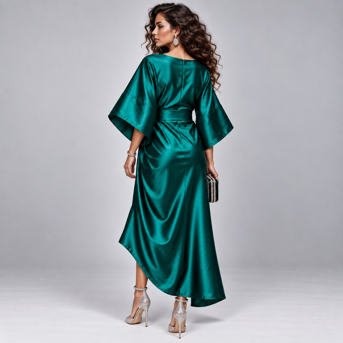 Vestido Midi Cruzado y Acampanado con Mangas Amplias | Corte Fluido y Femenino | Estilo para Bodas y Eventos Especiales