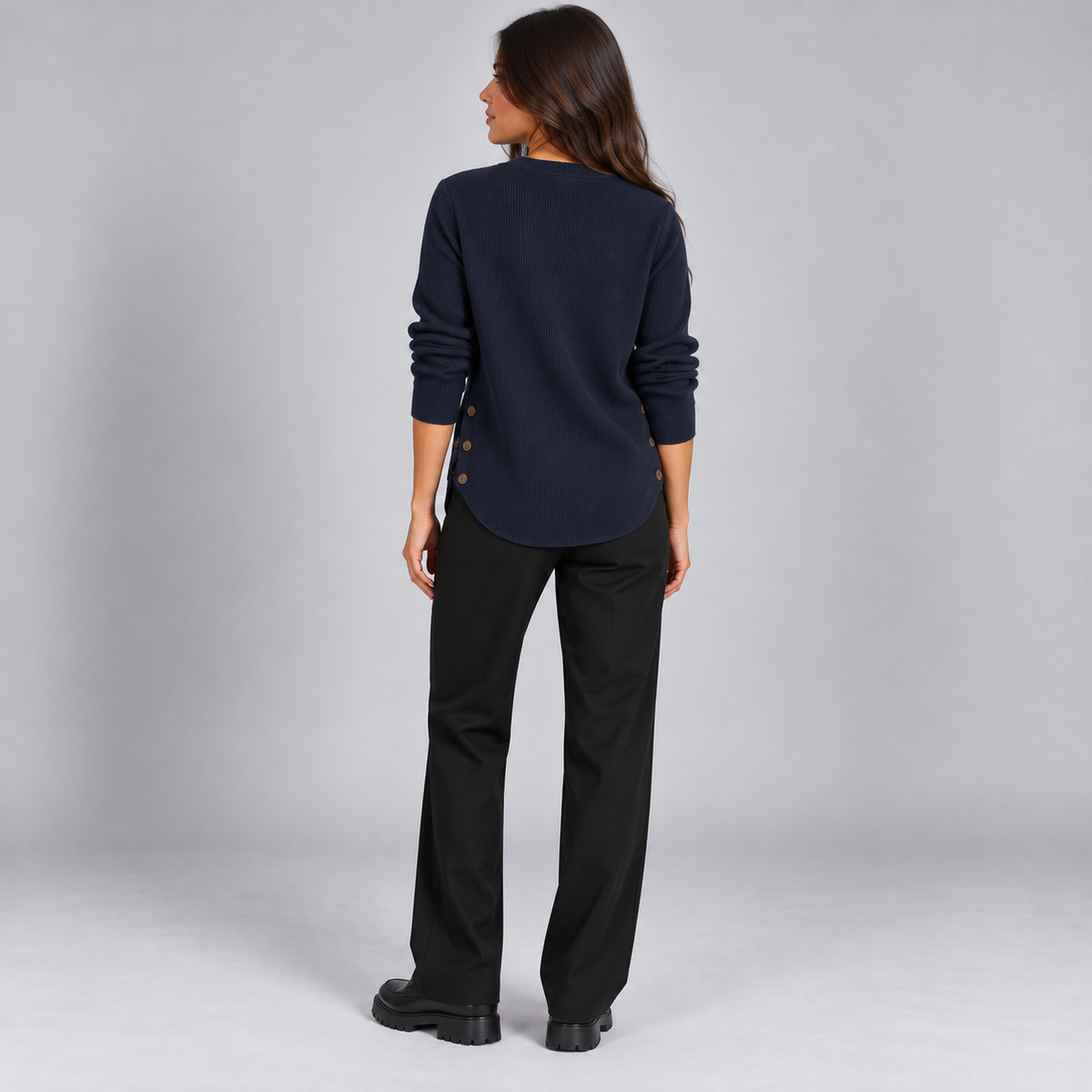 Suéter de punto Henley largo para mujer | Ajuste relajado | Detalles de botones laterales, tapeta de botones flexible | Casual elegante