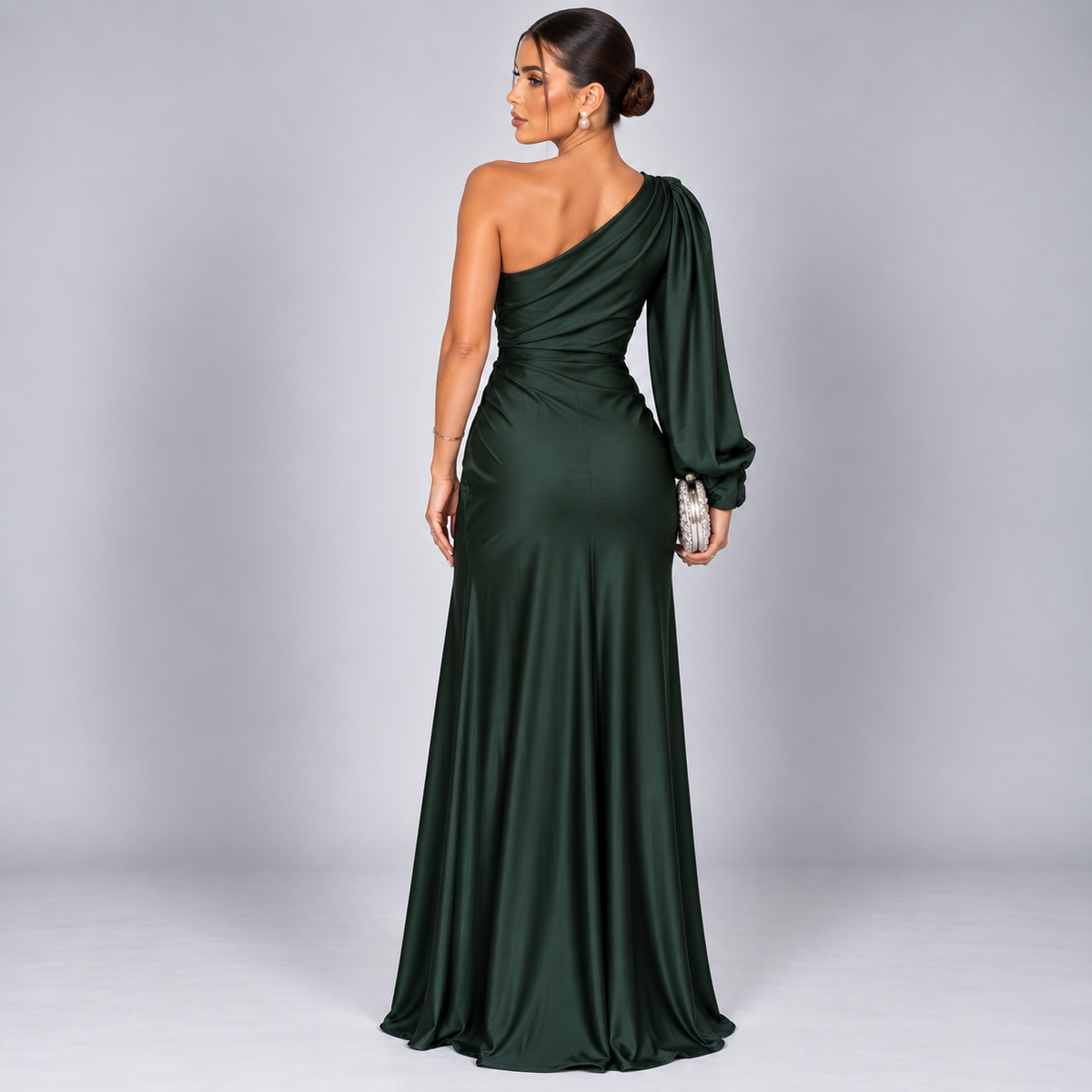 Vestido de Invitada de Boda de Un Solo Hombro | Drapeado y Abertura Frontal | Superficie Sedosa para Eventos Especiales