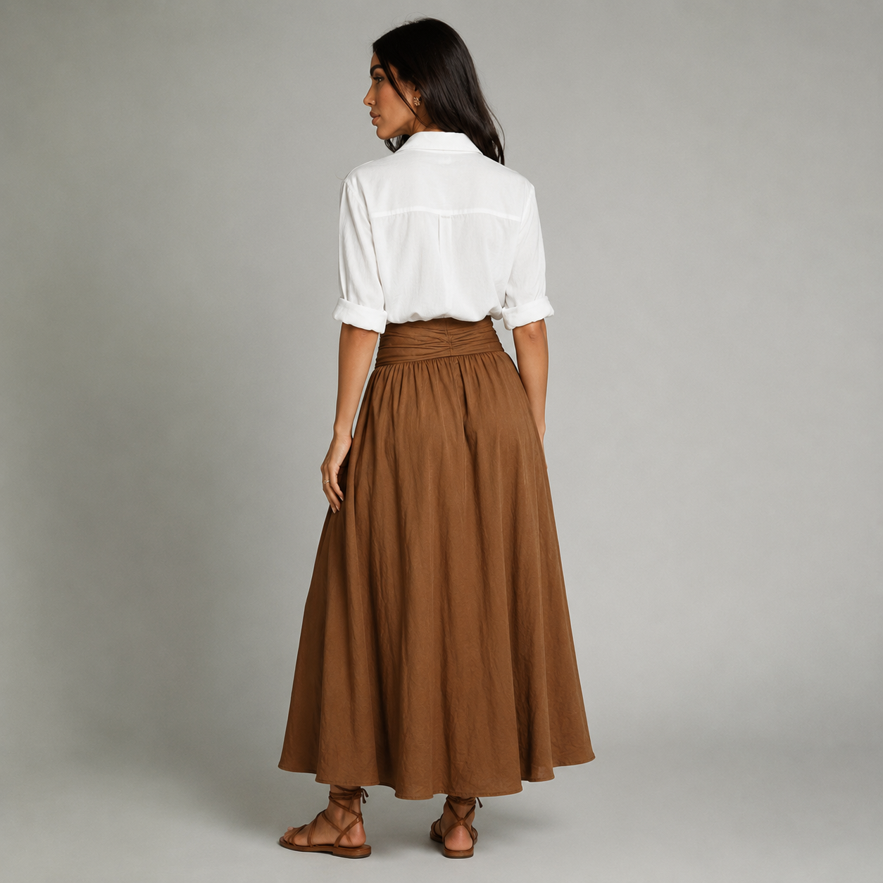 Noor - Elegante conjunto de lino para mujer con cinturón de lazo y falda amplia