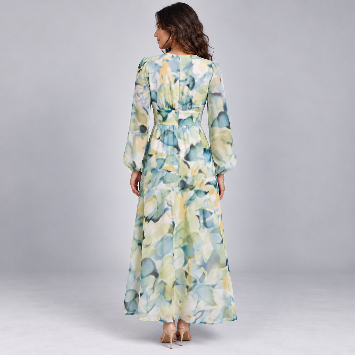 Vestido Largo Estampado con Escote en V y Cintura Alta | Mangas Abullonadas y Corte Fluido | Estilo Bohemio para Cualquier Ocasión