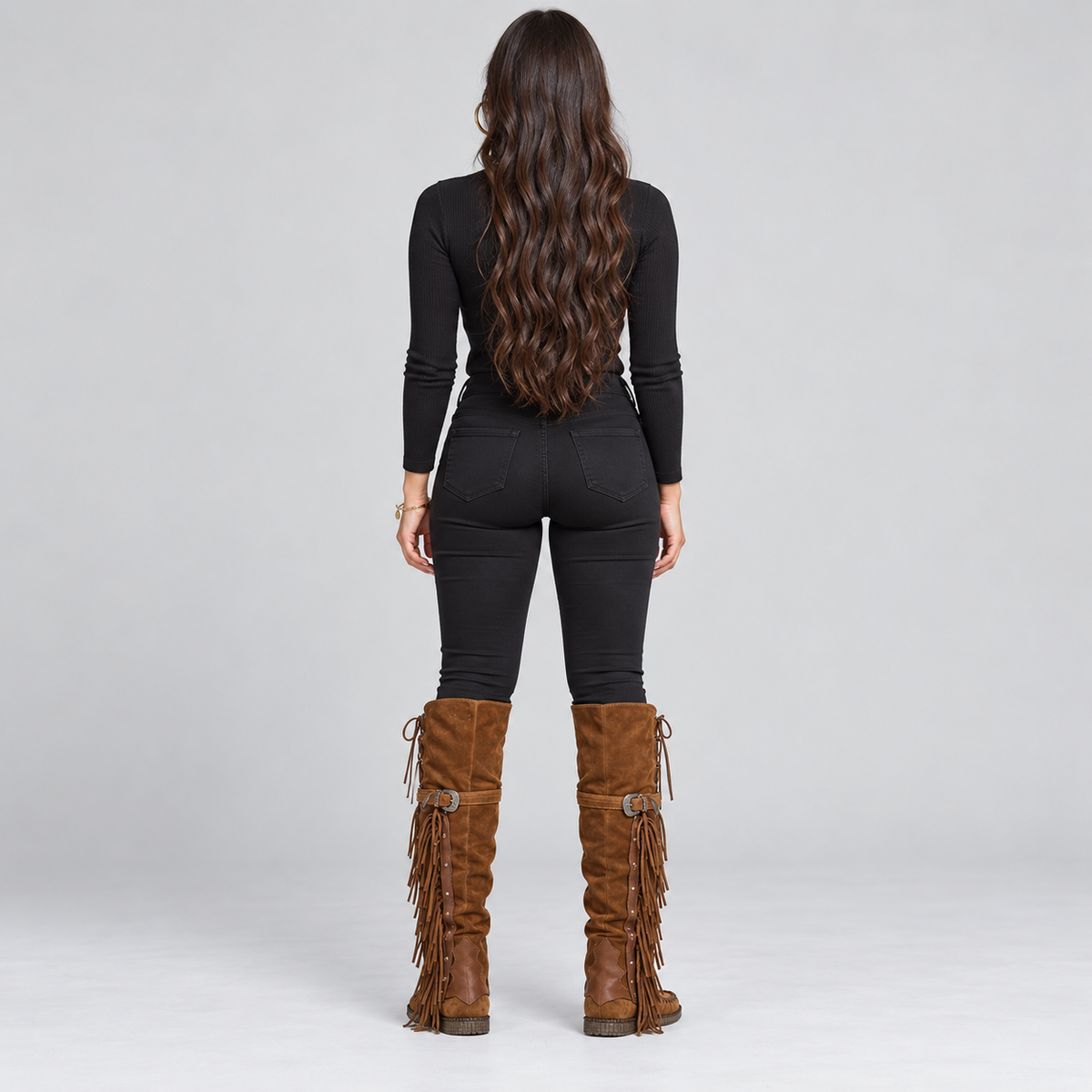 Botas altas de ante para mujer con flecos y tachuelas