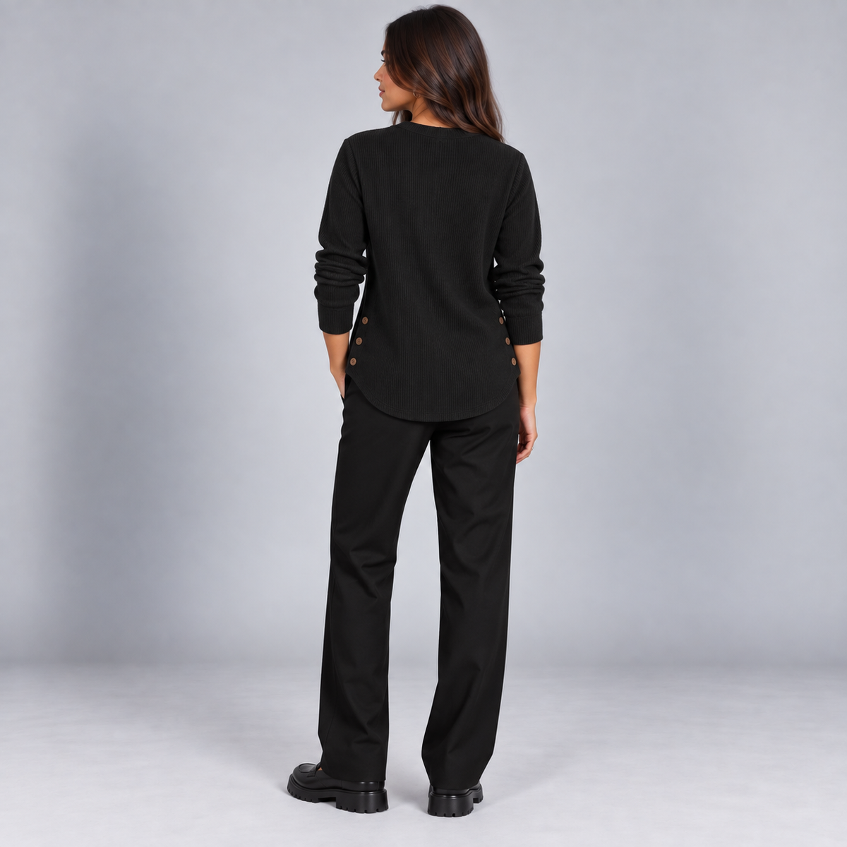Suéter de punto Henley largo para mujer | Ajuste relajado | Detalles de botones laterales, tapeta de botones flexible | Casual elegante