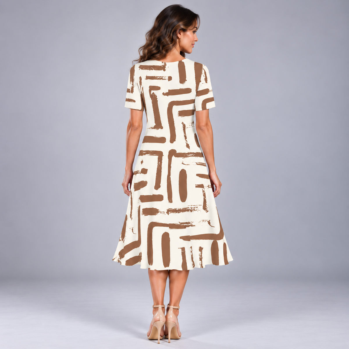 Vestido Trapecio con Estampado Geométrico y Manga Corta | Mezcla de Algodón Suave | Corte Cómodo para Primavera y Verano