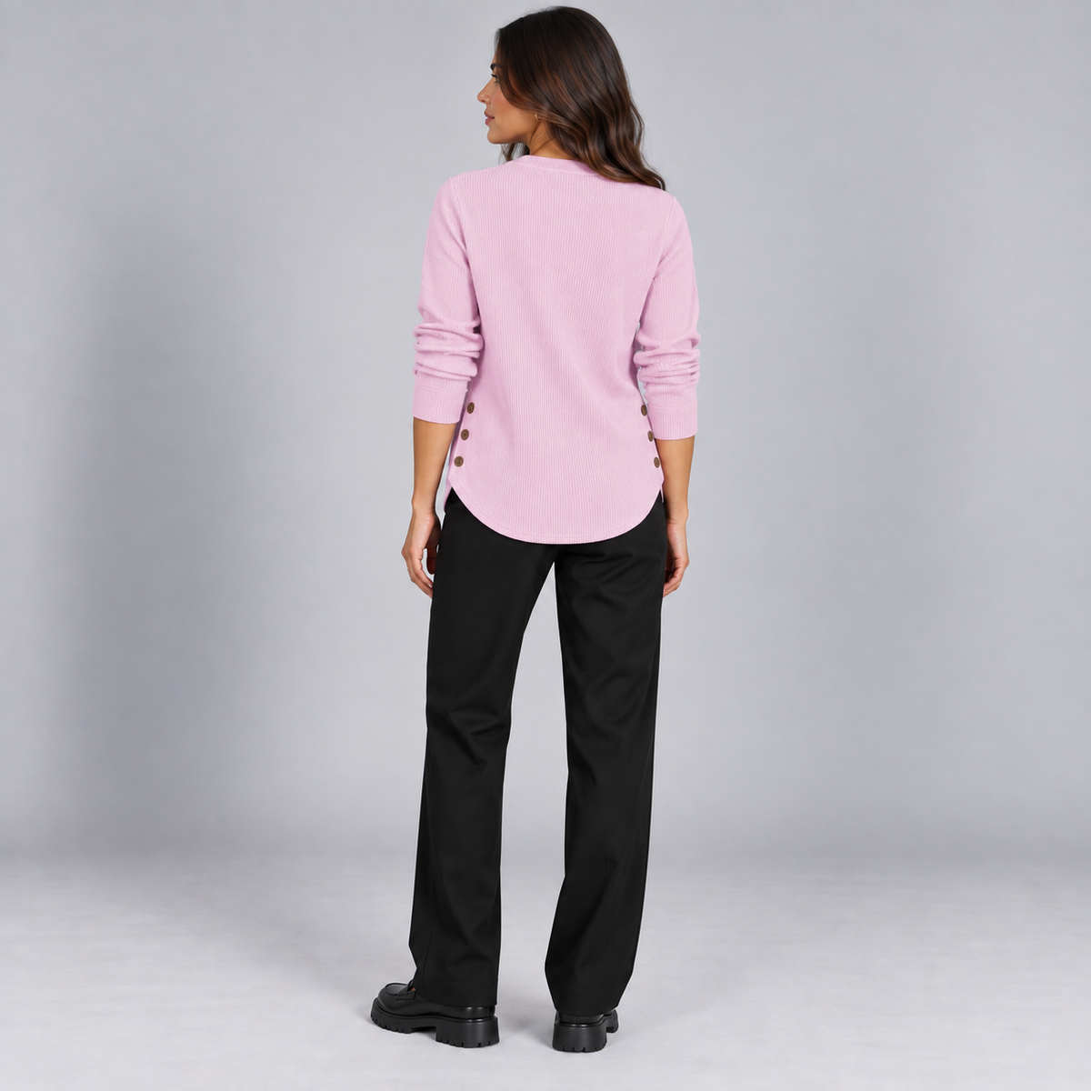 Suéter de punto Henley largo para mujer | Ajuste relajado | Detalles de botones laterales, tapeta de botones flexible | Casual elegante