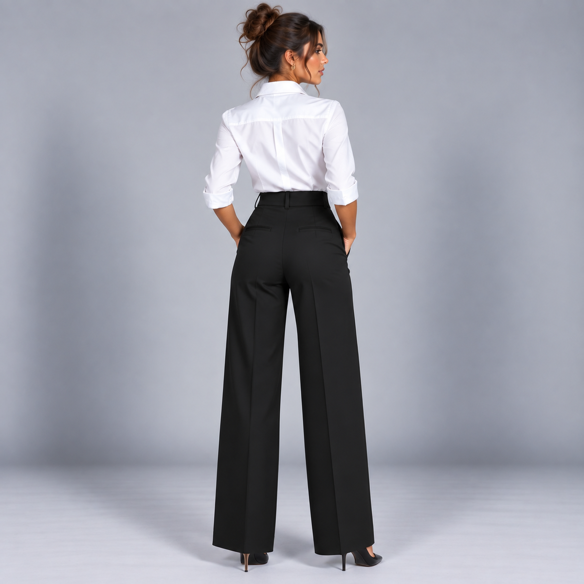 Pantalón de Talle Alto y Corte Recto | Cinturilla Elástica y Pliegues Delanteros | Estilo Versátil para Oficina y Fin de Semana