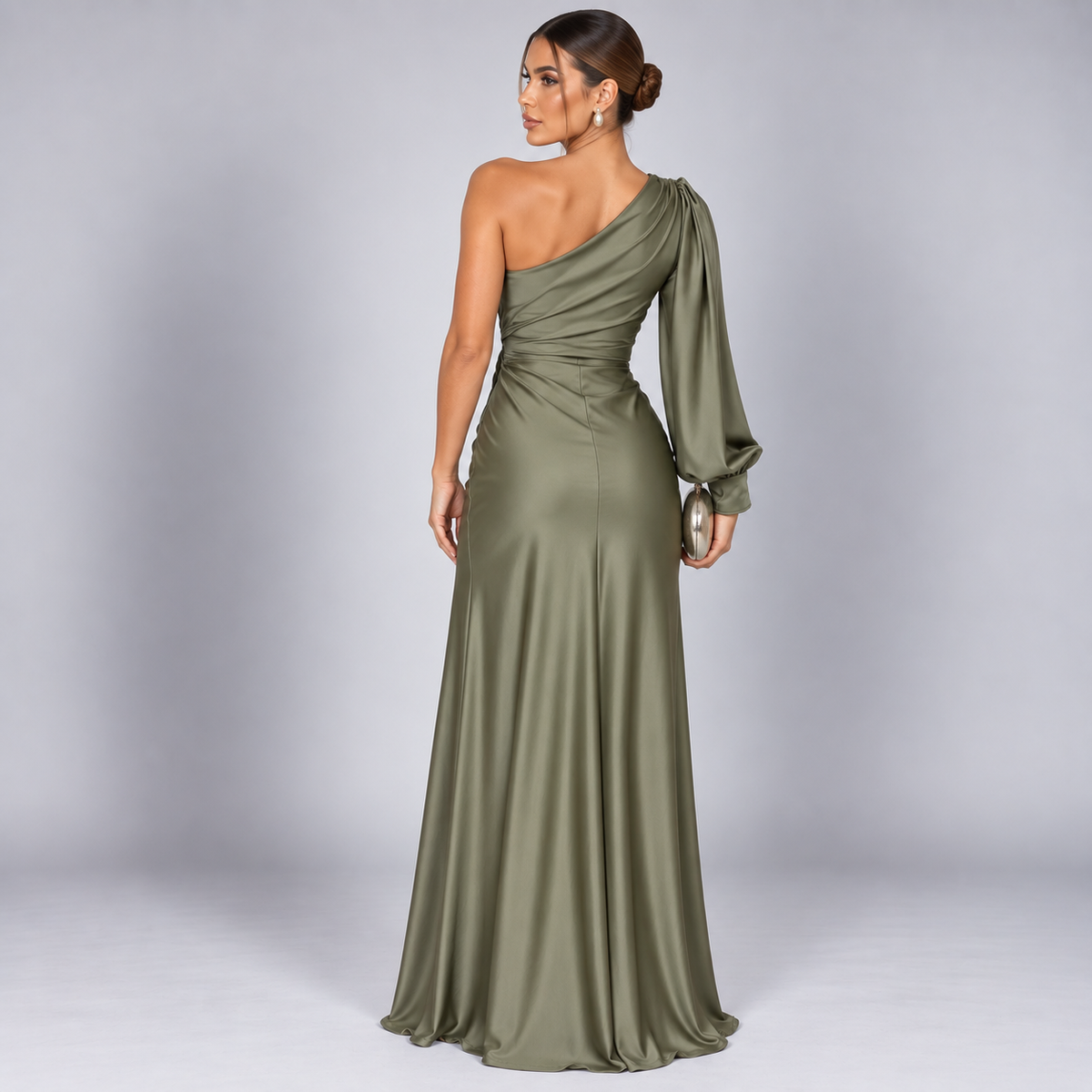 Vestido de Invitada de Boda de Un Solo Hombro | Drapeado y Abertura Frontal | Superficie Sedosa para Eventos Especiales