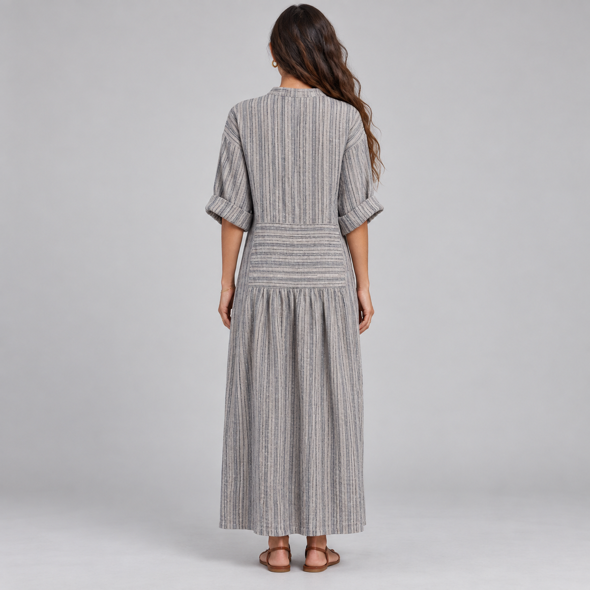 Vestido largo de mujer con escote en V y rayas verticales