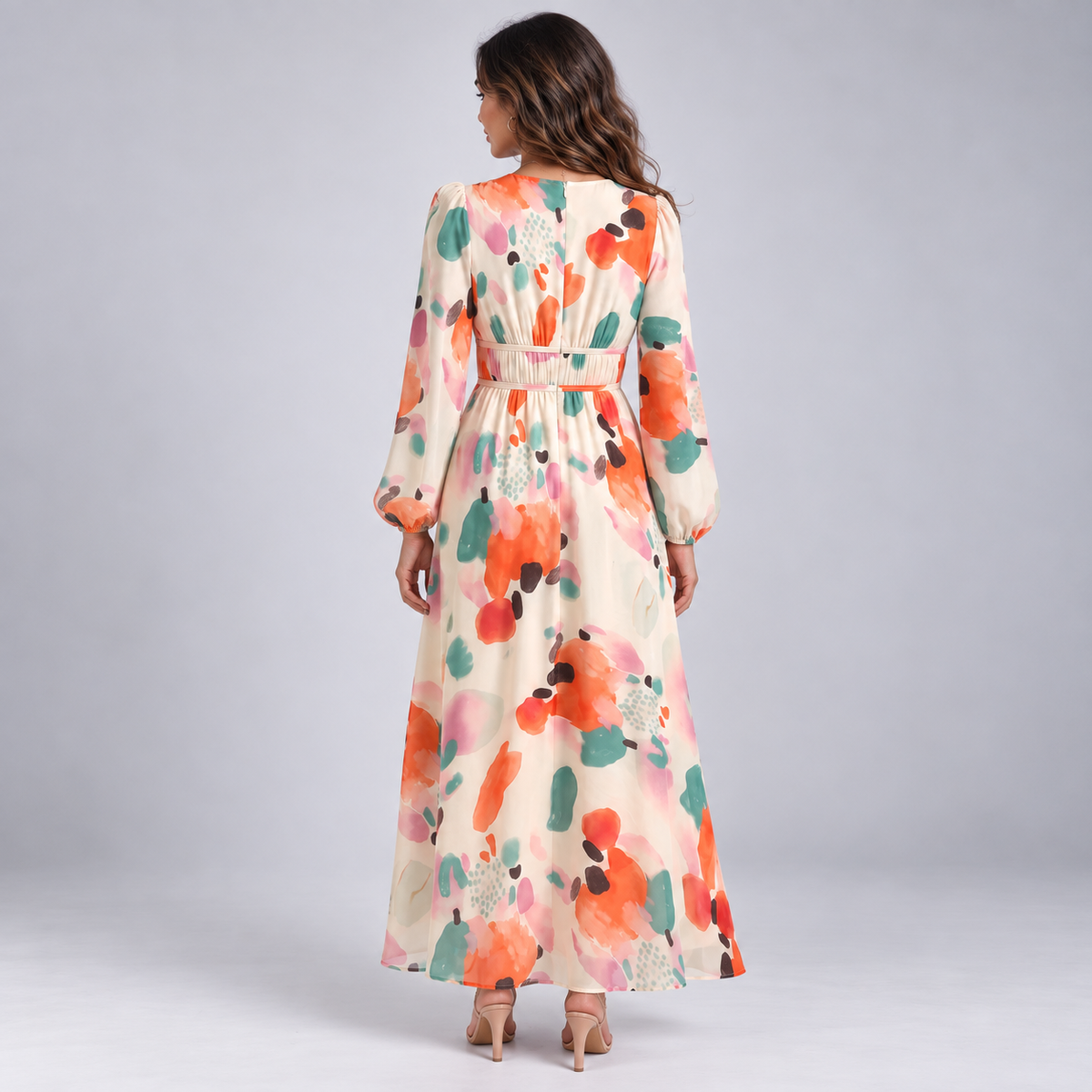 Vestido Largo Estampado con Escote en V y Cintura Alta | Mangas Abullonadas y Corte Fluido | Estilo Bohemio para Cualquier Ocasión