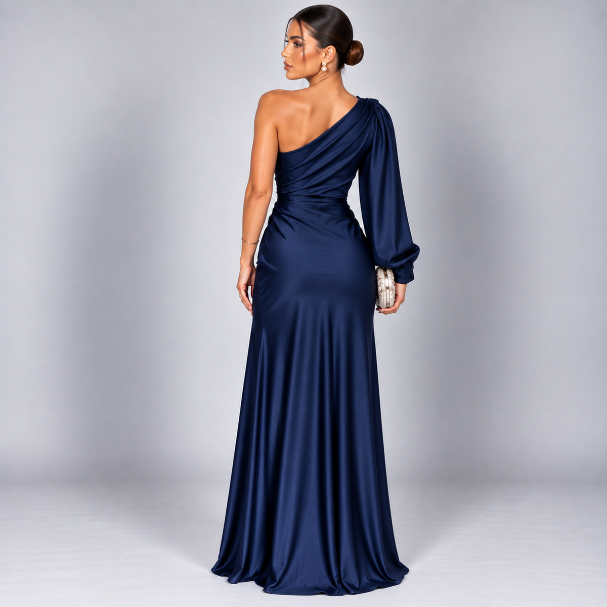 Vestido de Invitada de Boda de Un Solo Hombro | Drapeado y Abertura Frontal | Superficie Sedosa para Eventos Especiales
