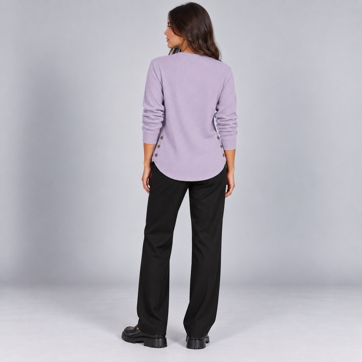 Suéter de punto Henley largo para mujer | Ajuste relajado | Detalles de botones laterales, tapeta de botones flexible | Casual elegante
