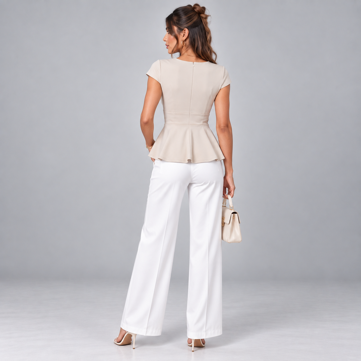 Blusa de Mujer con Cuello en V, Costuras Princesa Contorneadas | Corte Entallado | Mangas Capa, Dobladillo con Volantes, Elasticidad | De Oficina a Noche