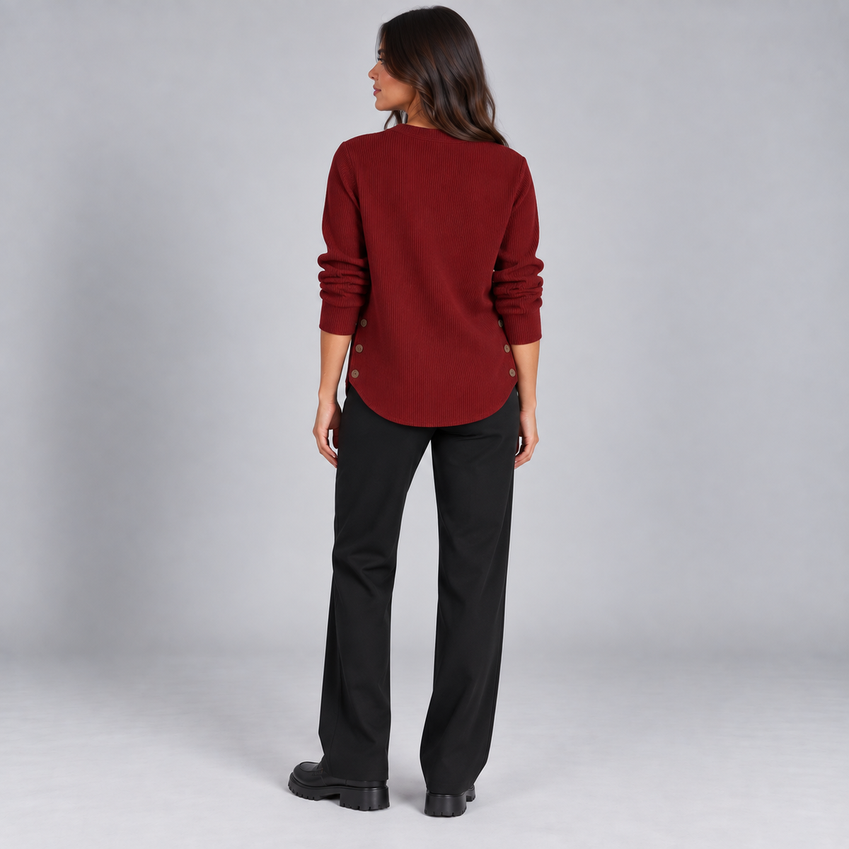 Suéter de punto Henley largo para mujer | Ajuste relajado | Detalles de botones laterales, tapeta de botones flexible | Casual elegante