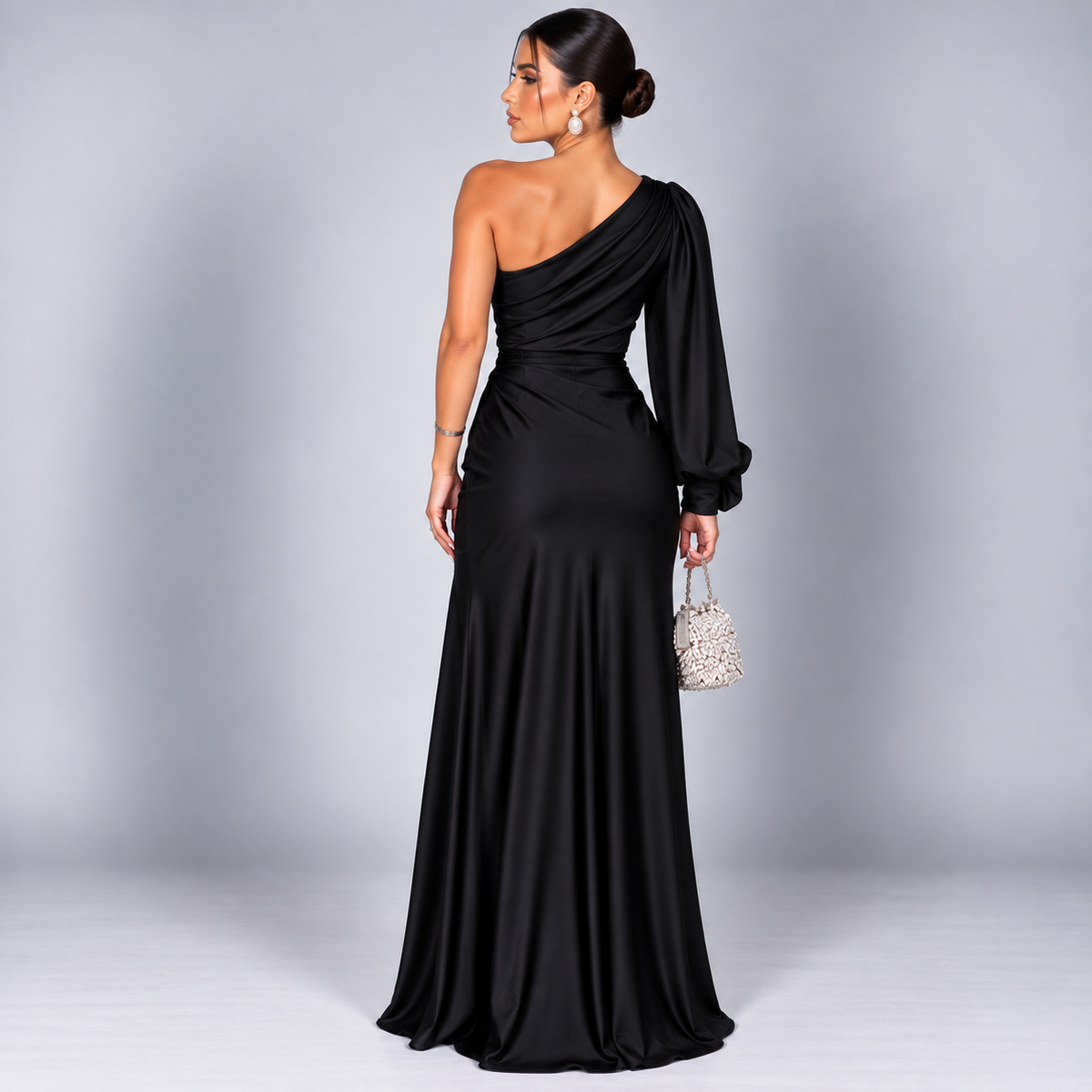 Vestido de Invitada de Boda de Un Solo Hombro | Drapeado y Abertura Frontal | Superficie Sedosa para Eventos Especiales