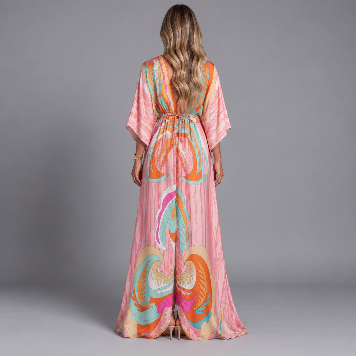Women's Maxi Dress with V-Neck and Adjustable Belt
