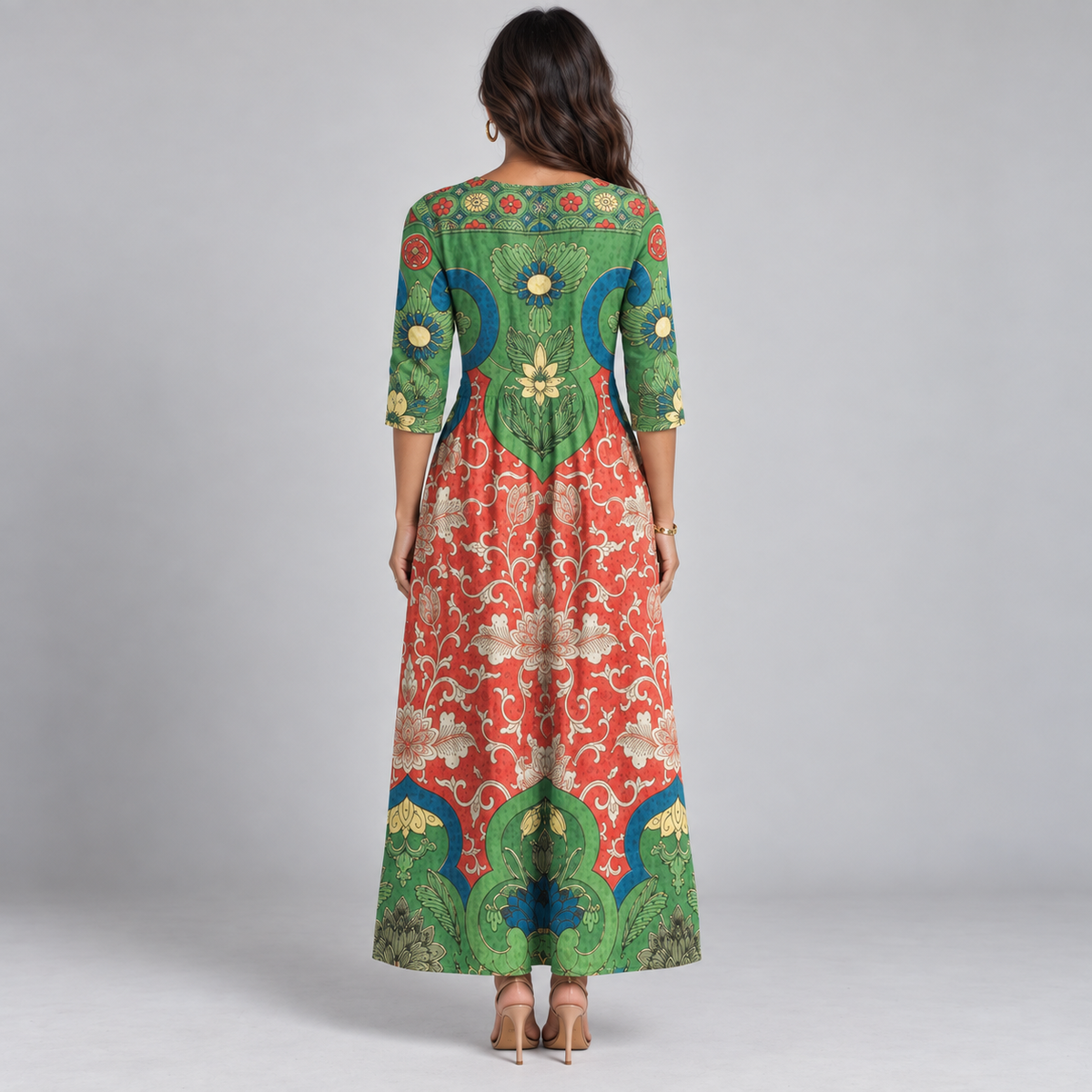 Vestido Maxi Floral Vintage con Escote en V | Algodón Suave y Transpirable | Silueta Fluida de Manga Larga para Cualquier Ocasión