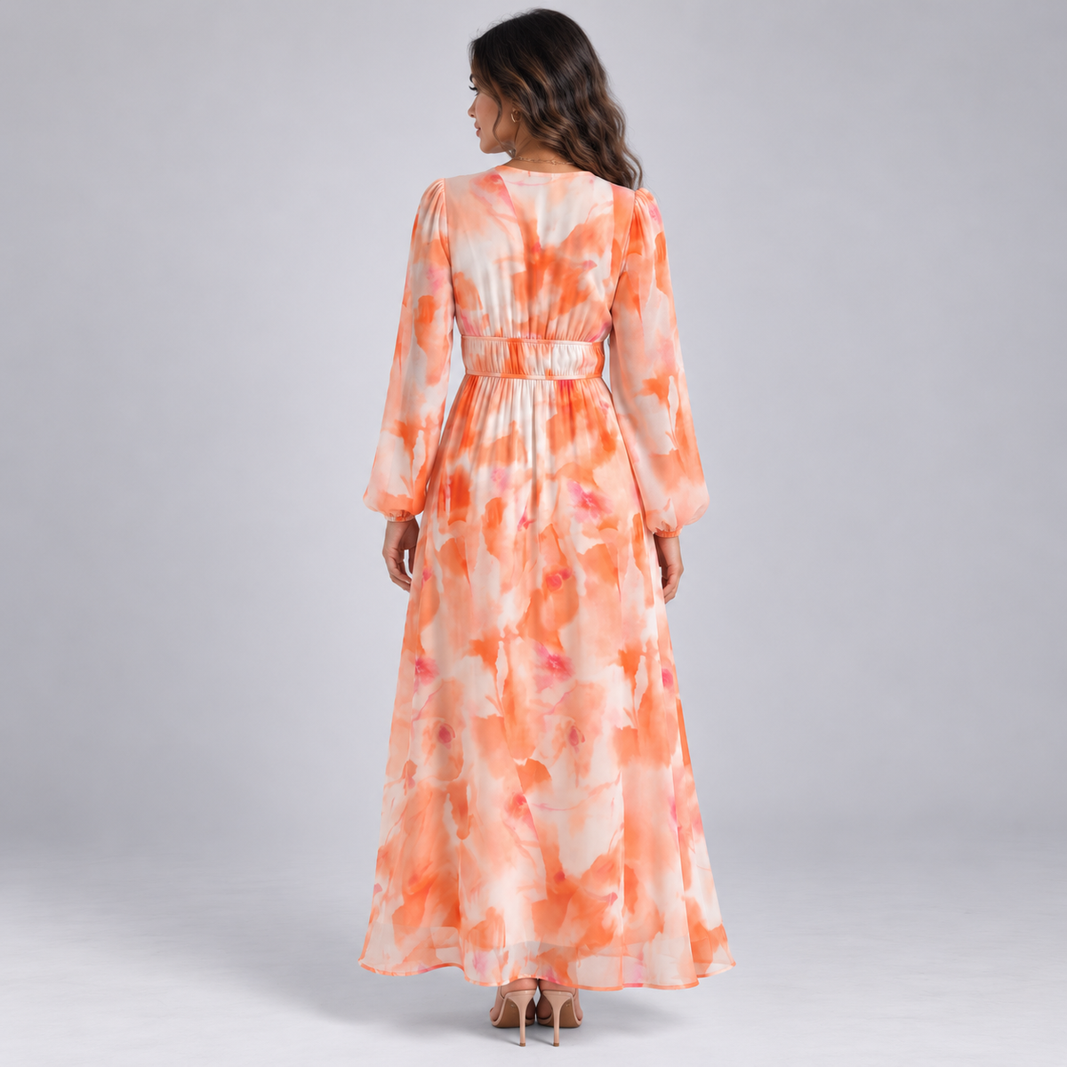 Vestido Largo Estampado con Escote en V y Cintura Alta | Mangas Abullonadas y Corte Fluido | Estilo Bohemio para Cualquier Ocasión
