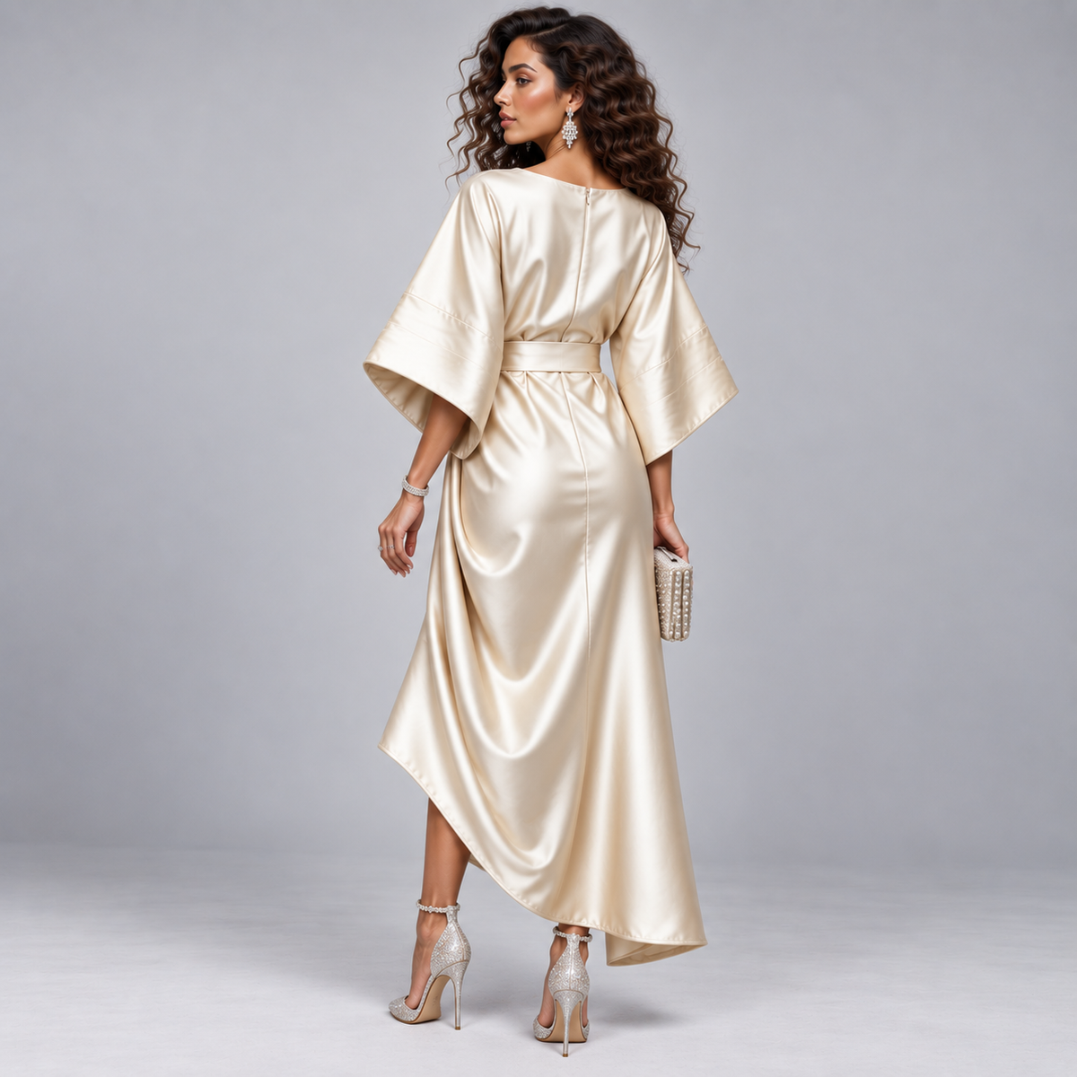 Vestido Midi Cruzado y Acampanado con Mangas Amplias | Corte Fluido y Femenino | Estilo para Bodas y Eventos Especiales