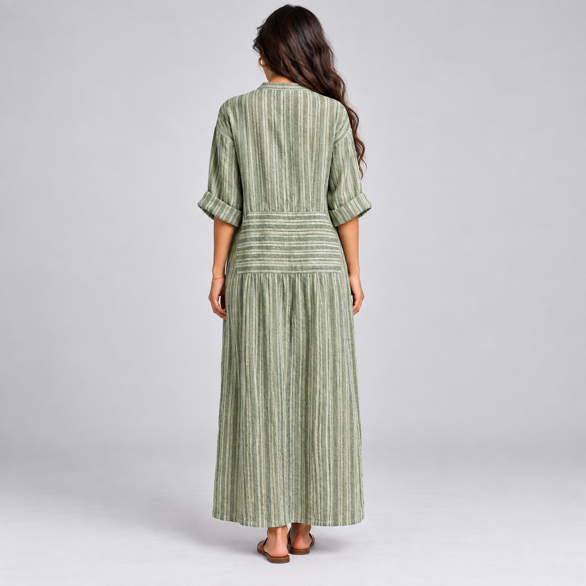 Vestido largo de mujer con escote en V y rayas verticales