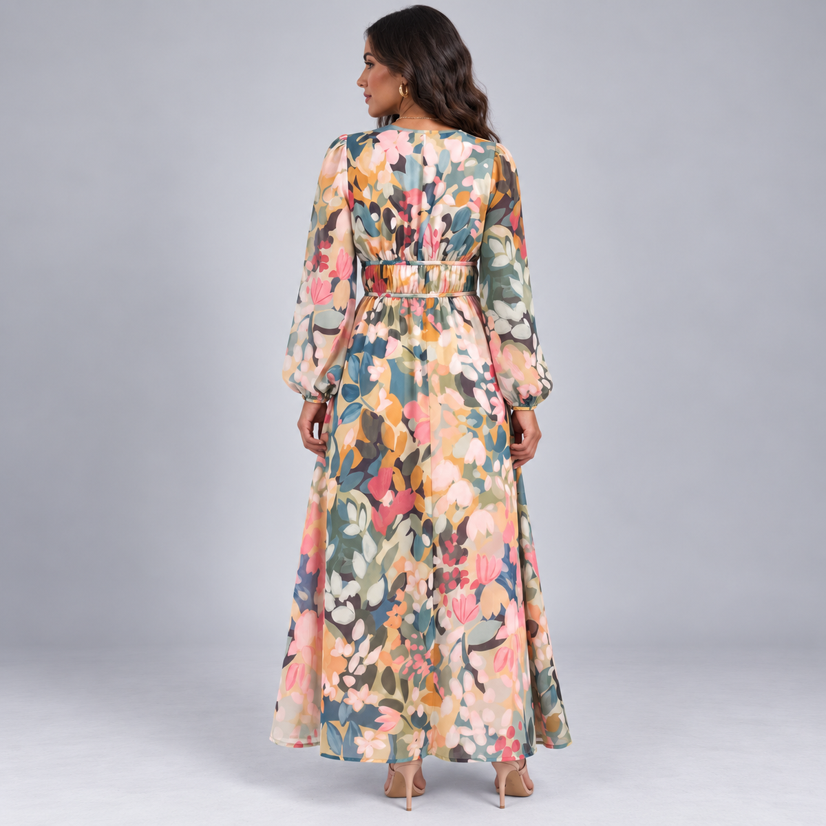 Vestido Largo Estampado con Escote en V y Cintura Alta | Mangas Abullonadas y Corte Fluido | Estilo Bohemio para Cualquier Ocasión