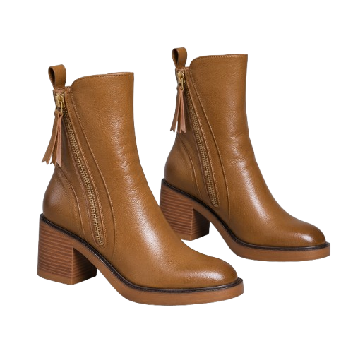 Botines de mujer de cuero vegano con tacón apilado | Cremalleras dobles en ambos lados | Tacón bloque de 6-7 cm, puntera redondeada, ajuste cómodo | Otoño Invierno