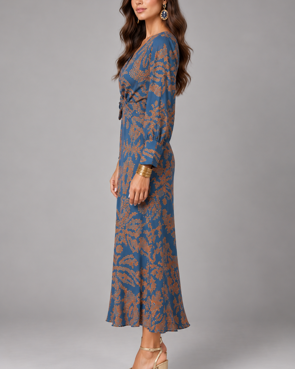 Vestido Midi con Nudo Torcido en la Cintura | Estampado Terracota Corte Fluido | Efecto Seda para Cenas y Eventos