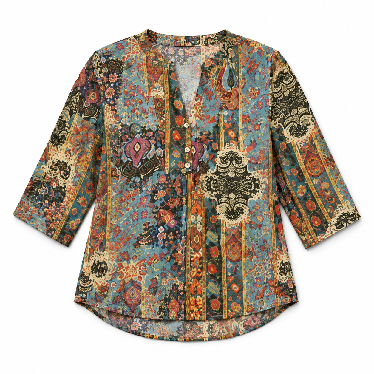 Blusa Bohemia de Mujer con Cuello en V | Corte Holgado | Detalles Plisados, Mangas 3/4, Estilo Versátil | Casual Elegante, Fin de Semana