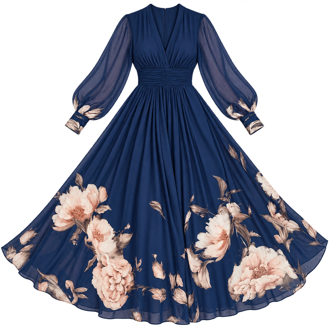 Vestido largo de mujer con mangas transparentes