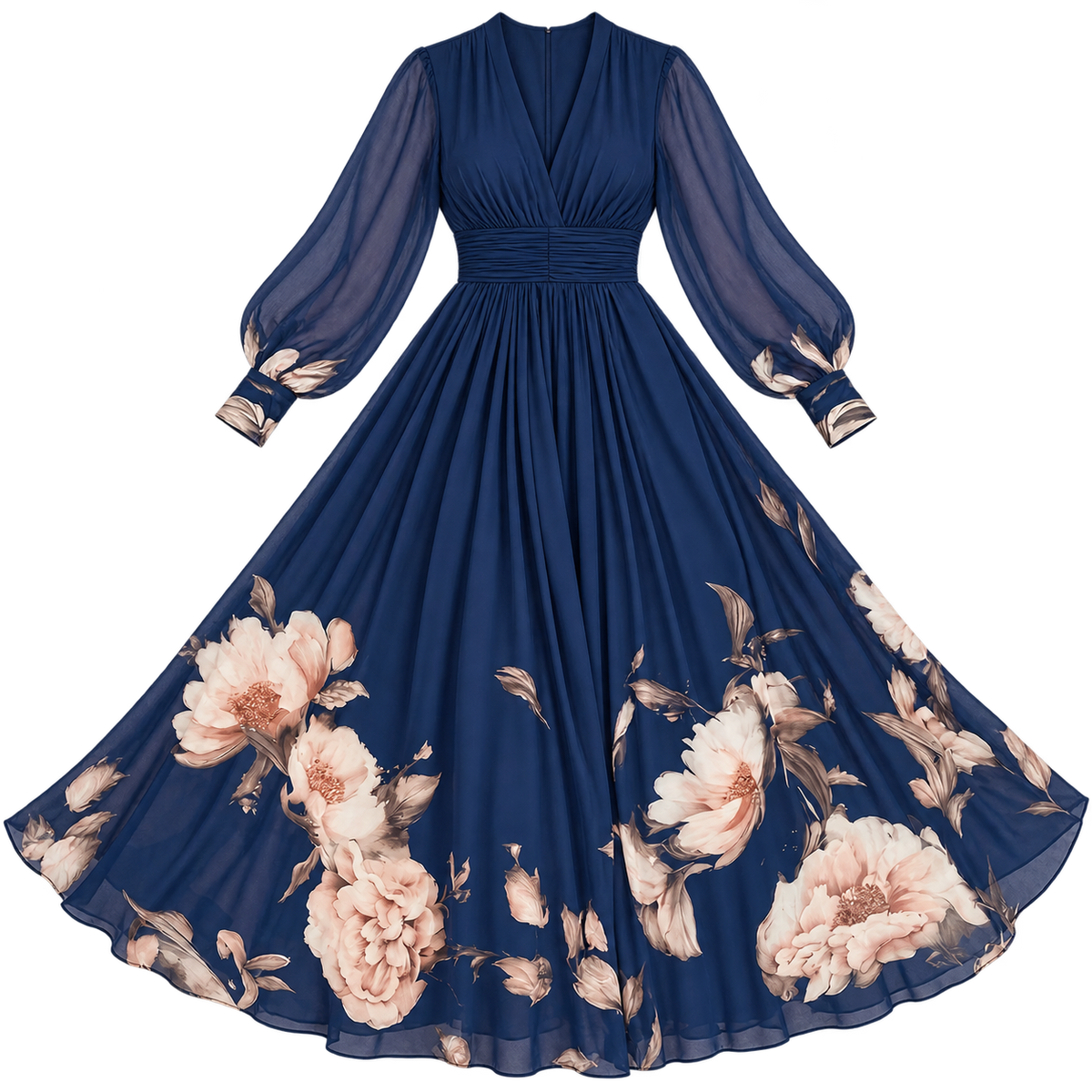 Vestido largo de mujer con mangas transparentes