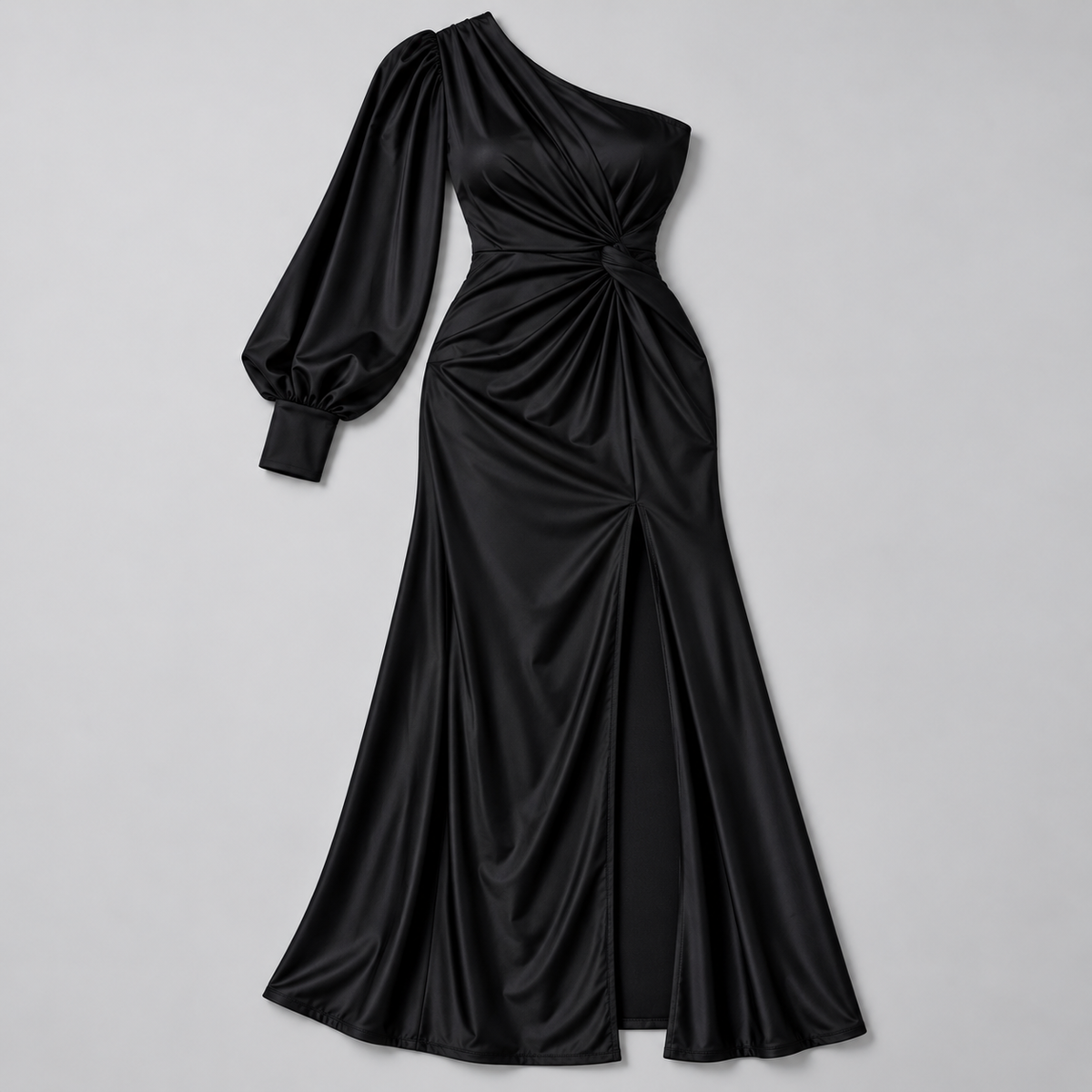 Vestido de Invitada de Boda de Un Solo Hombro | Drapeado y Abertura Frontal | Superficie Sedosa para Eventos Especiales