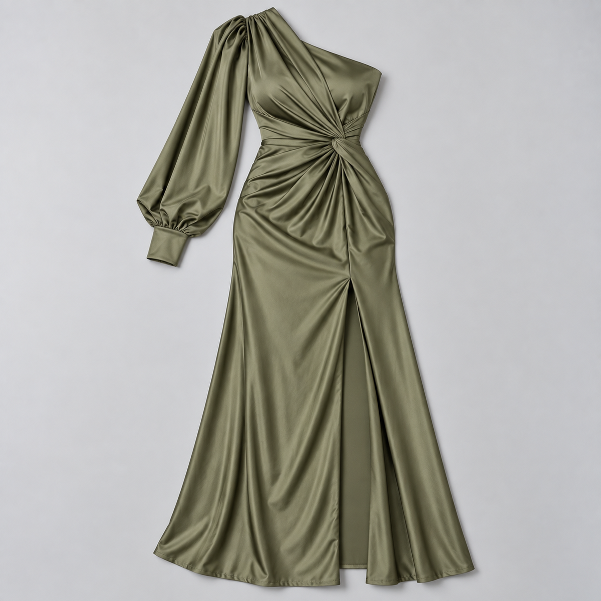 Vestido de Invitada de Boda de Un Solo Hombro | Drapeado y Abertura Frontal | Superficie Sedosa para Eventos Especiales