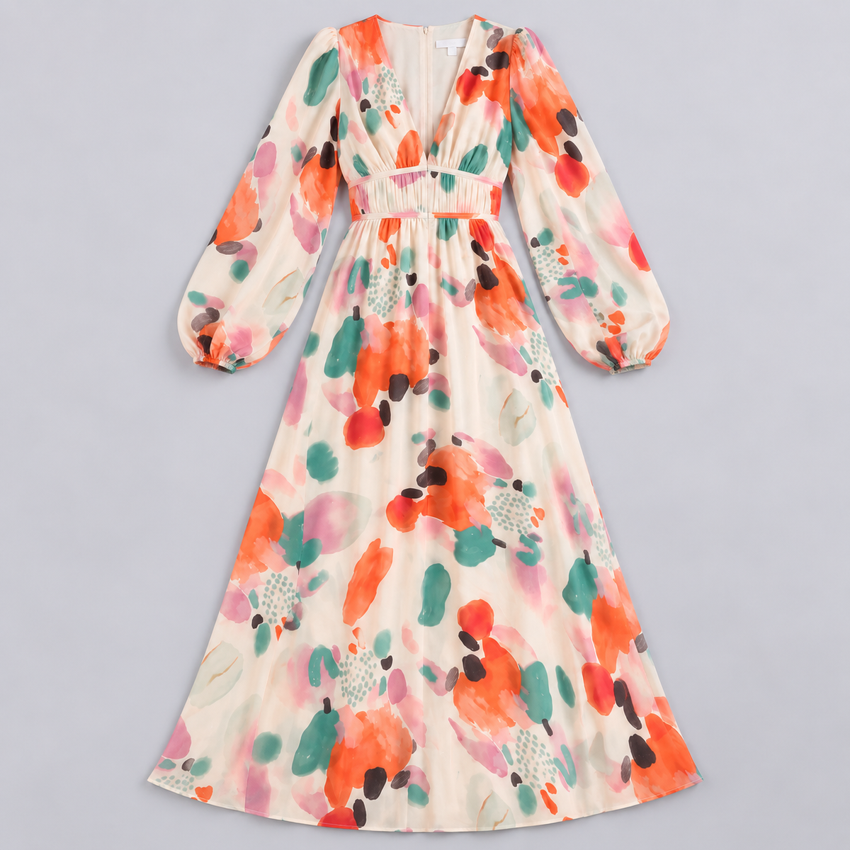 Vestido Largo Estampado con Escote en V y Cintura Alta | Mangas Abullonadas y Corte Fluido | Estilo Bohemio para Cualquier Ocasión