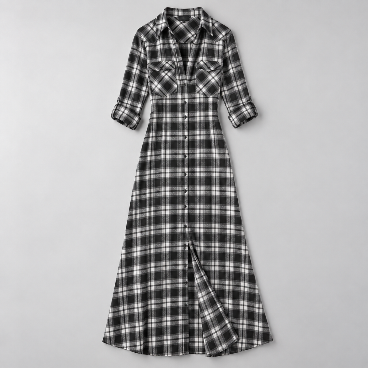 Vestido Largo Camisero de Franela a Cuadros | Botonadura Frontal y Corte Cómodo | Estilo Campestre para Otoño y Brunch